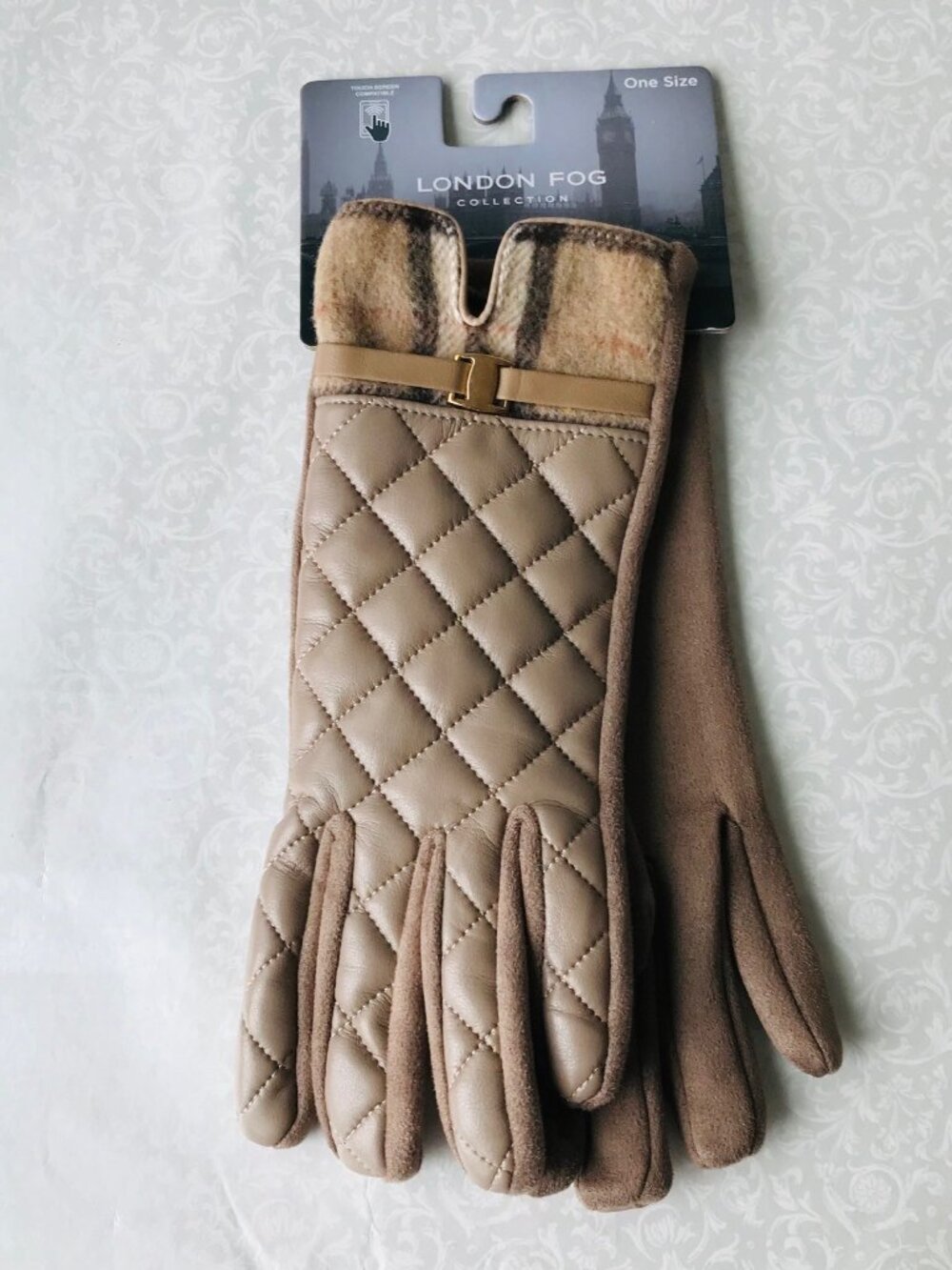 London Fog Ladies Mixed Media Quilted Faux Leather Gloves Tan
